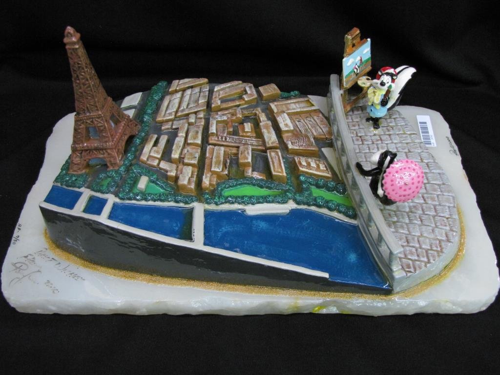 Ron Lee Walt Disney Sculpture, Pepe LePew: Ron Lee Walt Disney sculpture, depicting Pepe LePew and girlfriend at Eiffel Tower, on alabaster base, with cast metal figures, signed, dated and personalized 2000, AP 7/50, 15.5" x 9" x 7.5" high