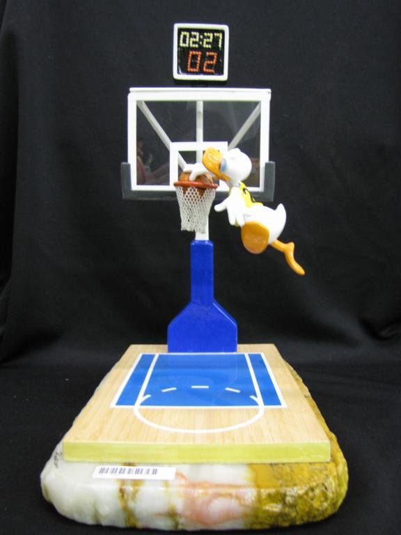 Ron Lee Warner Brothers Sculpture, Donald Duck: Ron Lee Warner Brothers sculpture, depicting Donald Duck playing basketball, on alabaster base, with cast metal figures, signed, dated and personalized 2004, 98/950, 12" x 7" x 13" high