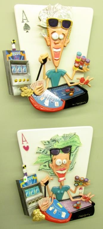 Pair of Crazy Gambler Roark Gourley Wall Hangings: Pair of Crazy Gambler Roark Gourley artist signed, 3D wall hangings, male figure artist signed and numbered 2/50, female figure artist signed and numbered 13/25, molded resin, approximately 30" high x