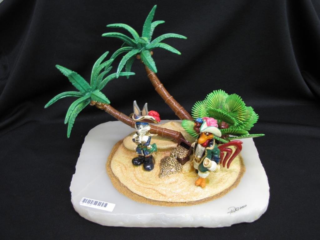 Ron Lee Warner Bros Sculpture, Bugs, Foghorn: A Ron Lee Warner Brothers sculpture, depicting Bugs and Foghorn Leghorn as pirates on island, signed and dated 2000, personalized, 4/500, 10" x 8" x 9" high
