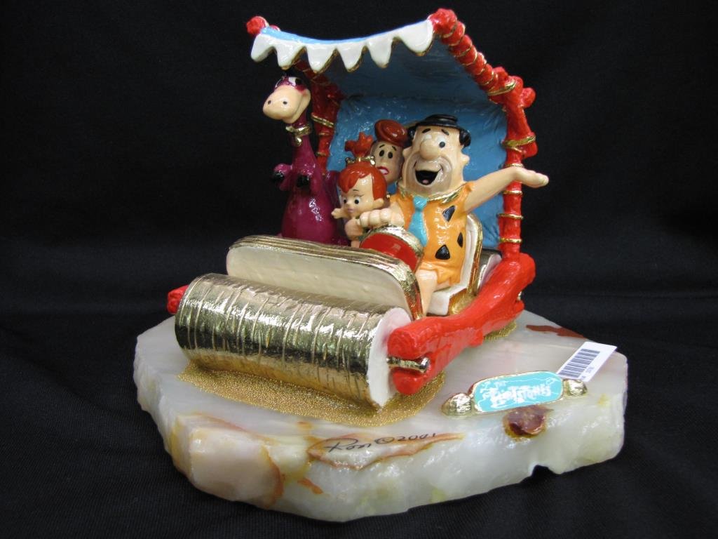 Ron Lee Sculpture, "The Flintstones": Ron Lee sculpture, "The Flintstones", on alabaster base, with cast metal figures, signed and dated 2001, personalized 2001, 331/2750, 7" x 7" x 5.5" high