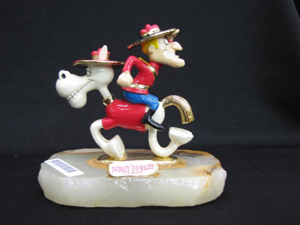 Ron Lee Sculpture Dudley Do-Right of the Mounties: Ron Lee sculpture, "Dudley Do-Right of the Mounties", with alabaster base and painted cast metal figures, personalized and signed, copyright '99, Artist Proof 4/7, 5.5" x 3" x 5.5" high