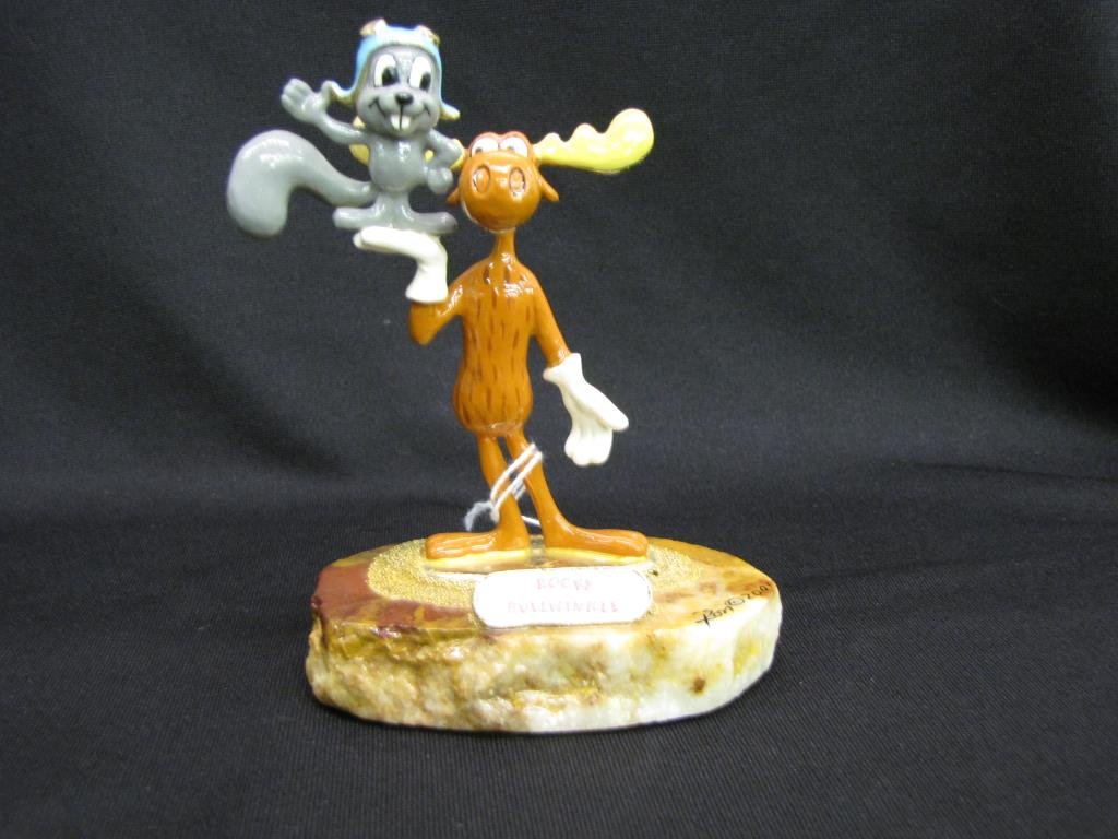 Ron Lee Bros Sculpture "Rocky & Bullwinkle": Ron Lee sculpture, "Rocky & Bullwinkle" #600, with alabaster base and painted cast metal figures, personalized and signed, copyright 2000, Artist Proof, 2.5" x 4" x 5.5" high