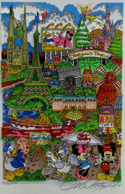 Charles Fazzino 3D Limited Edition Artwork: Charles Fazzino 3D Limited Edition Artwork, "Disneyland Paris", signed and numbered in pencil lower margin, 326/350, size as framed is 19.5" x 17", with C of A