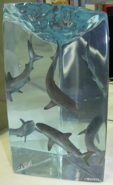 Legends Acrylic Sculpture, "Grey Reef Sharks": Legends acrylic sculpture, with hand painted mixed media figures, "Grey Reef Sharks", by artist C.A. Pardell, Limited Edition 123/500, 11" high, with original box