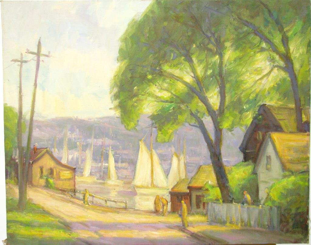 Frederick Rigley 24x30 O/C Village with Sailboats: Frederick Wildermuth Rigley (IN, 1914 - 2009), 24 x 30, oil on canvas, depicting a village with sailboats, authentication stamp verso signed by Ellen Rigley Carter, #OG303, unframed