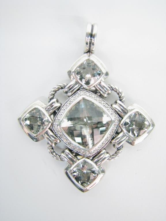 D. Yurman Sterling, Prasiolite, Diamond Enhancer: David Yurman rare sterling silver prasiolite and diamond ornate five stone ornate enhancer. Set in center is one faceted prasiolite measuring approximately 12 mm x 12 mm in size and is surrounded by s