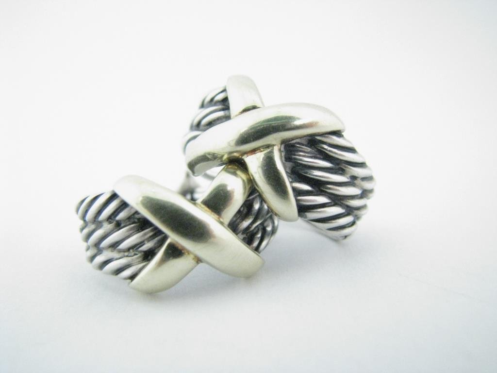 David Yurman, 14K, Sterling Crossover "X" Earrings: A pair of David Yurman earrings, in sterling silver, triple row cable design accented with 14K yellow gold "X", French back
