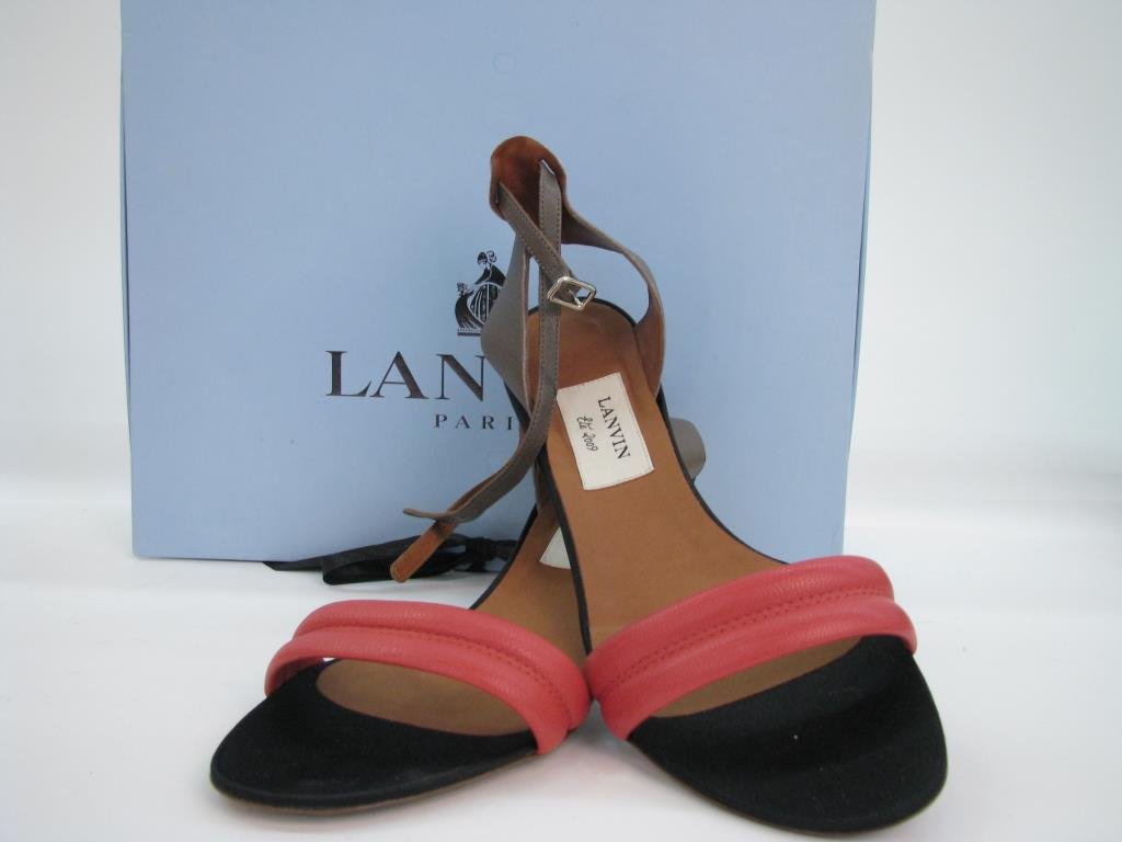 Lanvin Paris Sandals: Lanvin Paris sandals in original box. Red textured goat skin across toes with brown ankle strap. 2" gold metallic spike heel. Ref #AW56CMRANP3A. Size 39.5. Retail $665 NIB