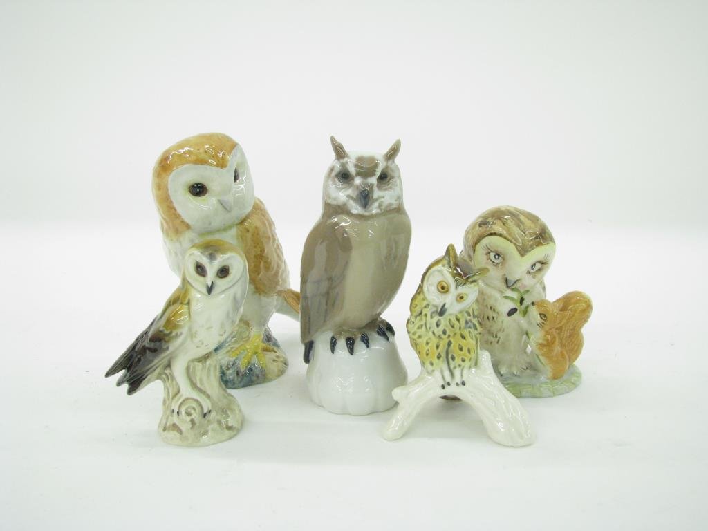 Group of Porcelain Owl Figures: Group of porcelain owl figures, including, two Goebel, one B&G, and two Beswick