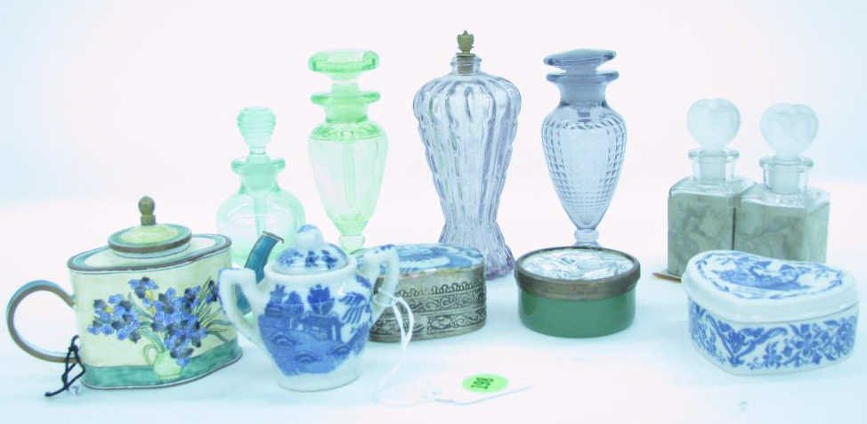 Group of Decorative Accessories: Group of decorative accessories, including two glass amethyst cruets, two green glass cruets, a pair of clear glass cruets, Spode heart lidded box, a Kelvin Chen enameled oil cruet, a round Limoges pi