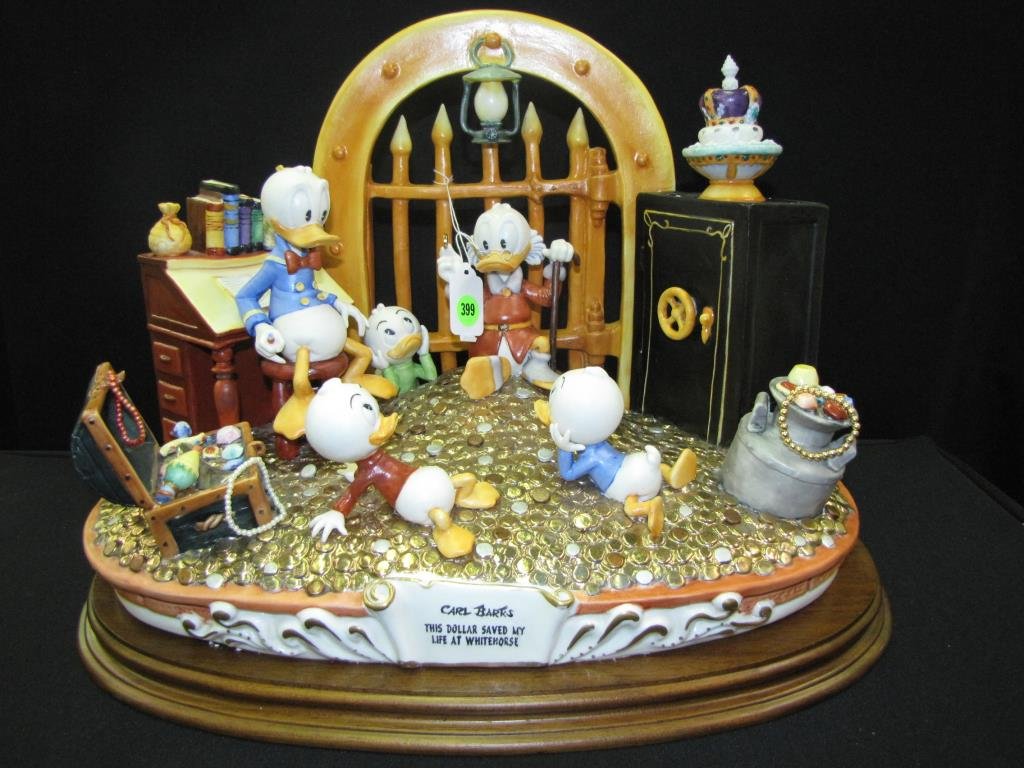 Capodimonte Laurenz Figural Grouping: Capodimonte Laurenz figural grouping, "This Dollar Saved My Life at White Horse", depicting Donald Duck family, 13.5" high, #78/250 with original foam container