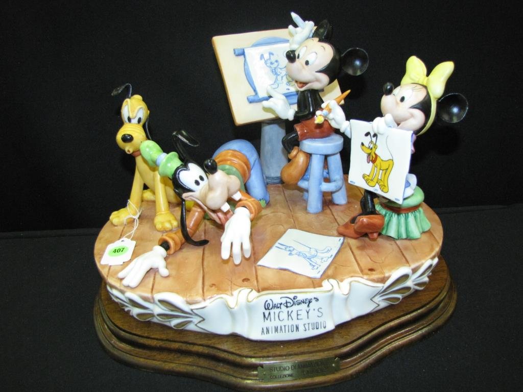 Capodimonte Laurenz Figural Grouping: Capodimonte Laurenz figural grouping, "Mickey's Animation Studio", 10.5" high, limited edition #100/1000, with original foam container