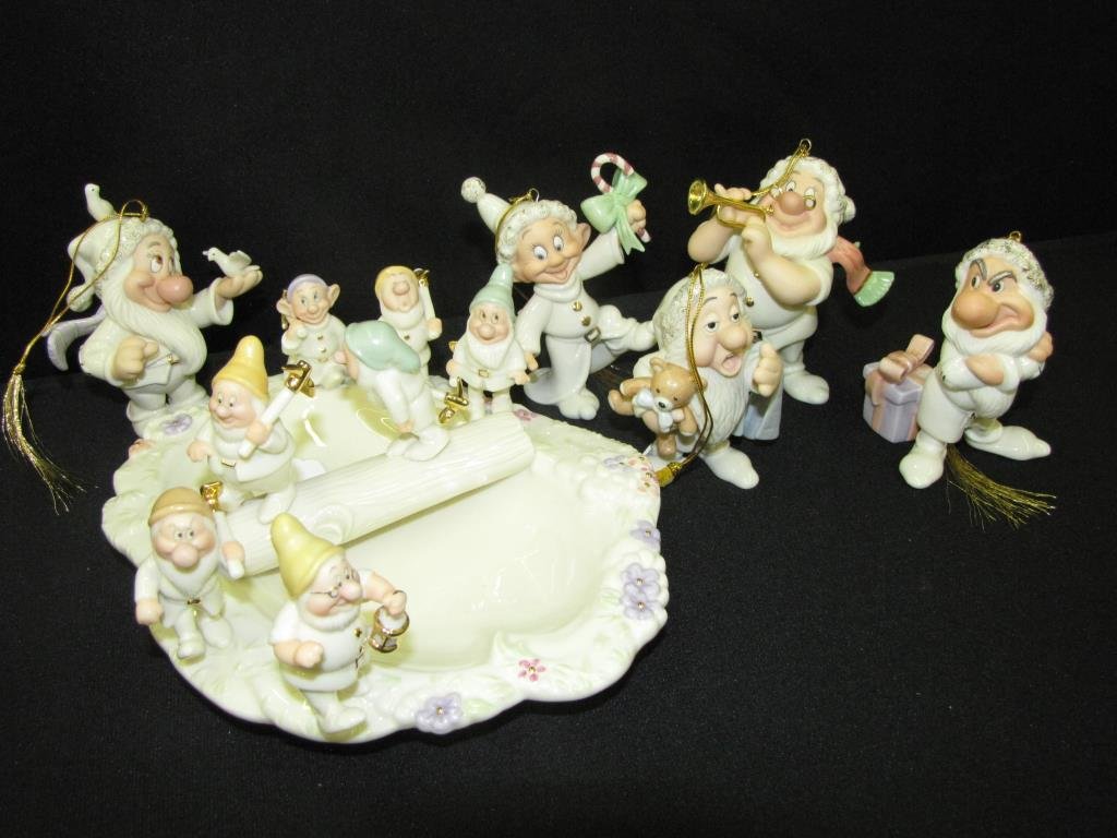 Lenox Porcelain Disney Grouping, Eight Ornaments: Lenox porcelain Disney grouping and five figures, including Heigh Ho Candy Dish, and eight dwarf ornaments including five of the seven dwarves, and three duplicates of the five
