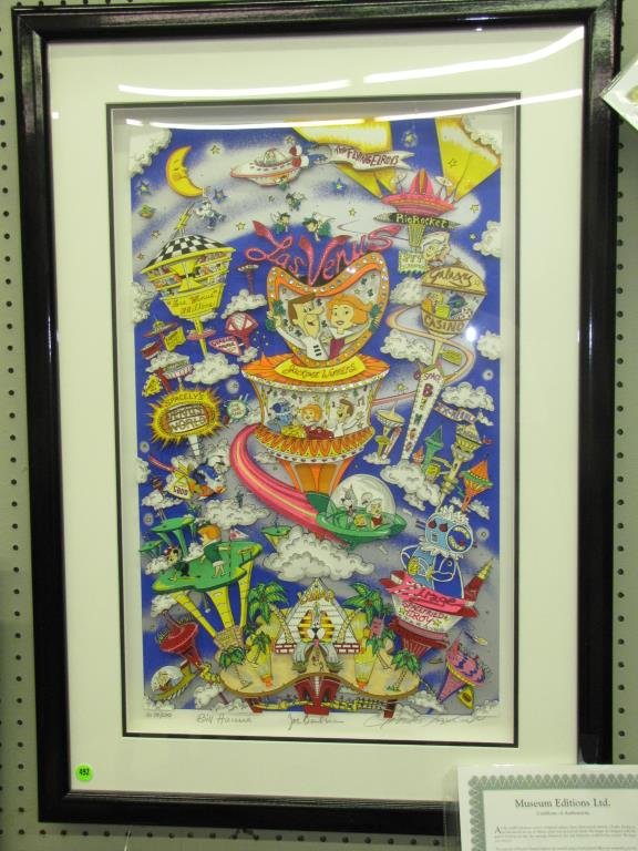 Charles Fazzino Limited Edition 3D Artwork: Charles Fazzino Limited Edition 3D artwork, entitled "The Jetsons Take Las Venus", edition DX 38/200, with C of A, size as framed 35" x 25", pencil signed by Bill Hanna and Joe Barbera