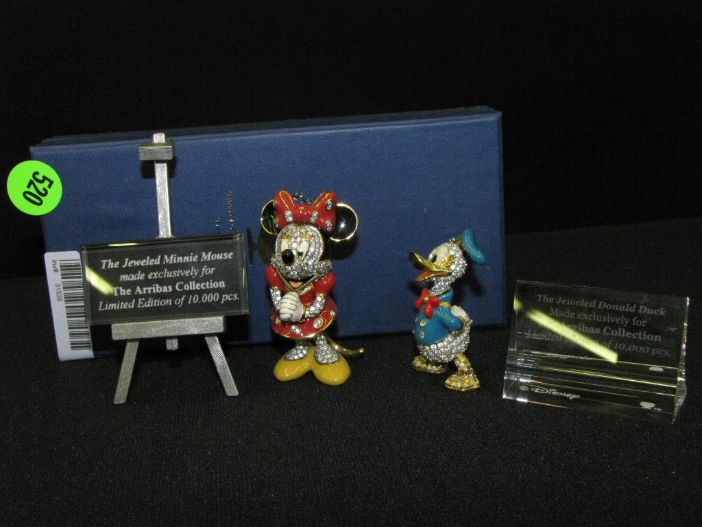 Two Arribas Swarovski Crystal Figures: Two Arribas Swarovski crystal figures, Minnie Mouse and Donald Duck, both with display plaques, one with easel, one box for one display plaque only