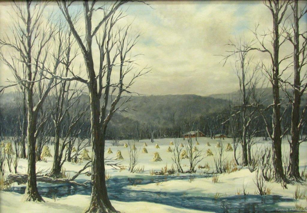 Wm Harold Hancock 24x34 O/C Brown County Winter: William Harold Hancock (IN, 1920-2006), 24 x 34 oil on canvas, signed lower right, Brown County Winter Landscape with Corn Shocks and Cottage