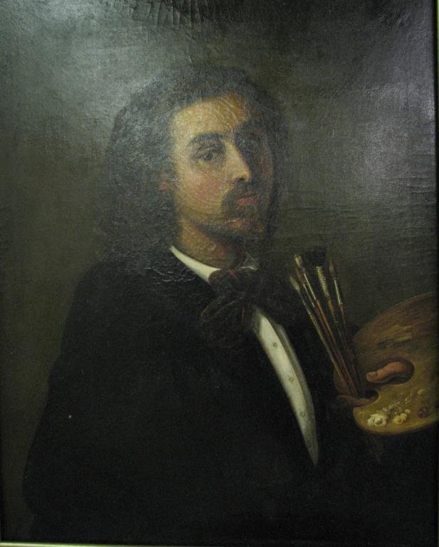 Johan Knutson 30x25 O/C Portrait of an Artist: Johan Knutson (Finland, 1816-1899), 30" x 25" oil on canvas, signed lower left, Portrait of an Artist, currently in improperly sized frame, unclearly dated on front near signature "18_9" Evidence of o