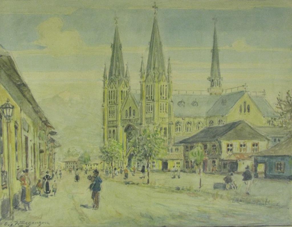 Unclearly Signed 8x9.5 W/C Church in Santiago: Unclearly signed, early 20th century, 8" x 9.5", watercolor, titled on tag verso "Church of San Francisco, Santiago, Chile"