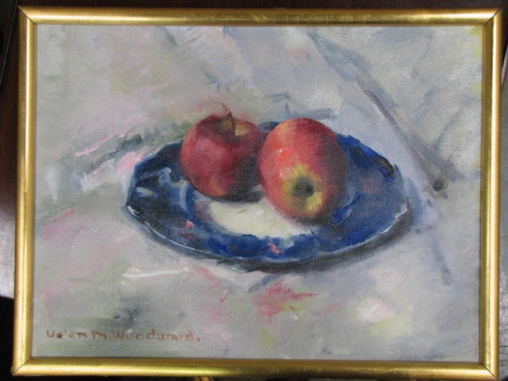 Helen M. Woodward 12x16 O/C Apples and Flo Blue: Helen M. Woodward (IN 1908 - 1986), 12 x 16, oil on canvas, signed lower left, depicting apples and Flo Blue