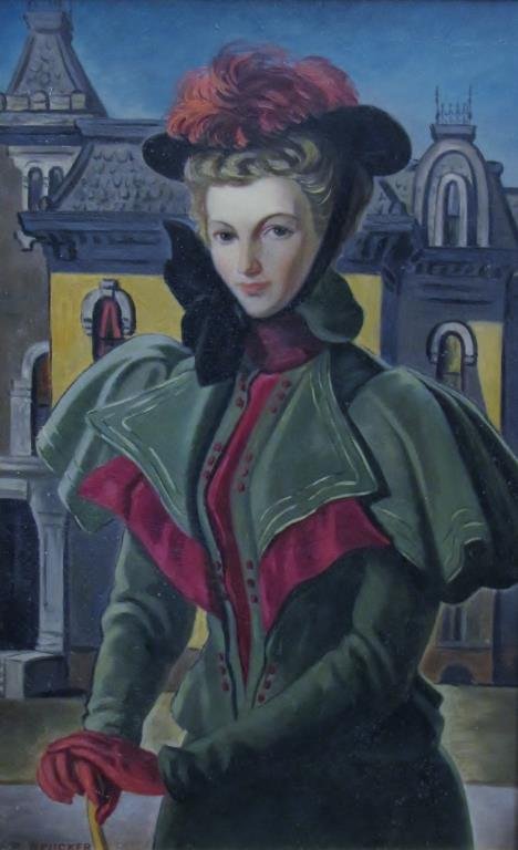 Edmund Brucker 22x14 O/B "Philly": Edmund Brucker (1912-1999, IN), 22 x 14 oil on board, signed lower left, "Philly", portrait depicting distinguished lady