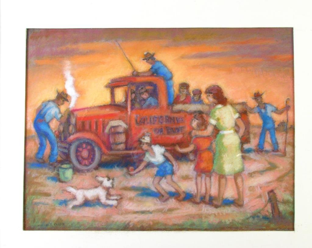 W.F. Kaeser 18x23 Pastel Flight from the Dustbowl: William Frederick Kaeser (IN, 1908-1987) 18 x 23.5, pastel on paper, signed lower left, depicting family fleeing from the Dustbowl, size as framed 25 x 30.5