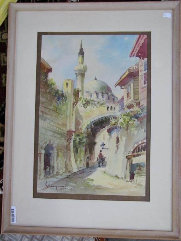 Unclearly Signed Pair 17x11.5 W/C Middle Eastern C: Unclearly signed pair, 17 x 11.5, watercolor, one depicting figure riding donkey in an alley; the other depicting boats at harbor, both unclearly signed lower left and inscribed with city location, St