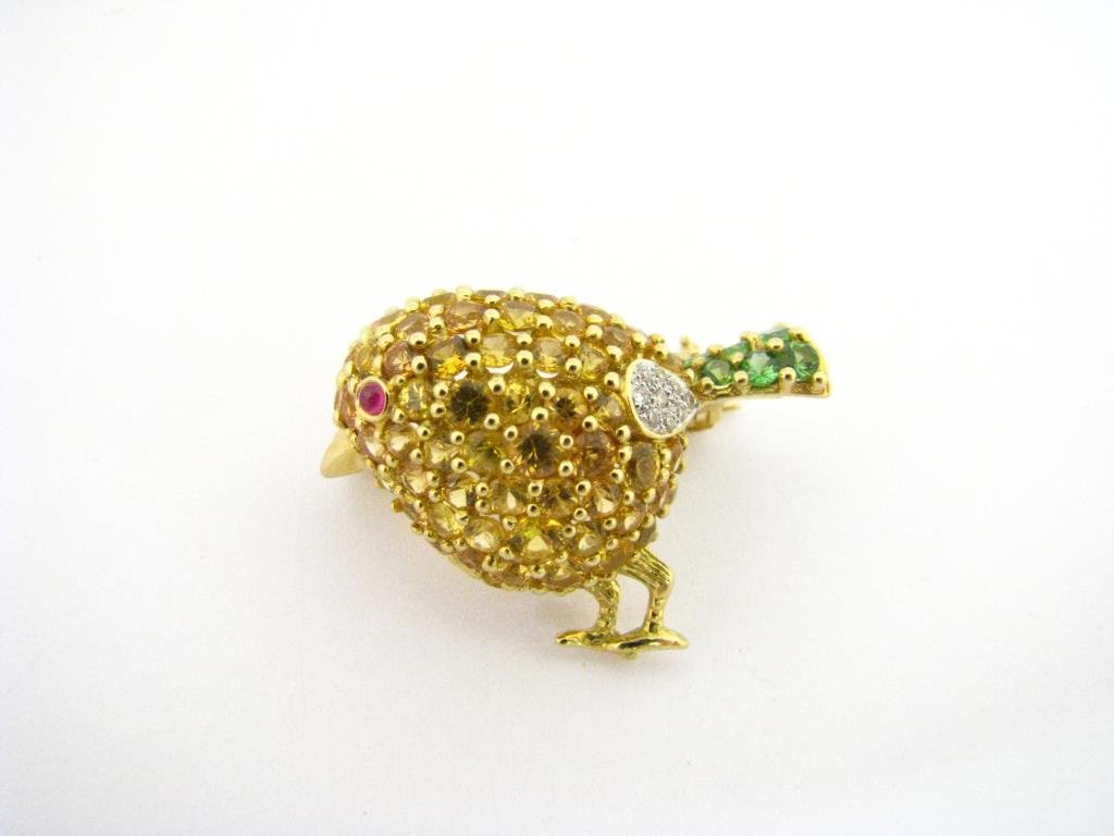 18K Yellow Gold Le Vian "Chick" Pin, Diamond: An 18K yellow gold Le Vian "Chick" pin with diamond, yellow sapphire, ruby and tsavorite stones, approximately 1.125" long