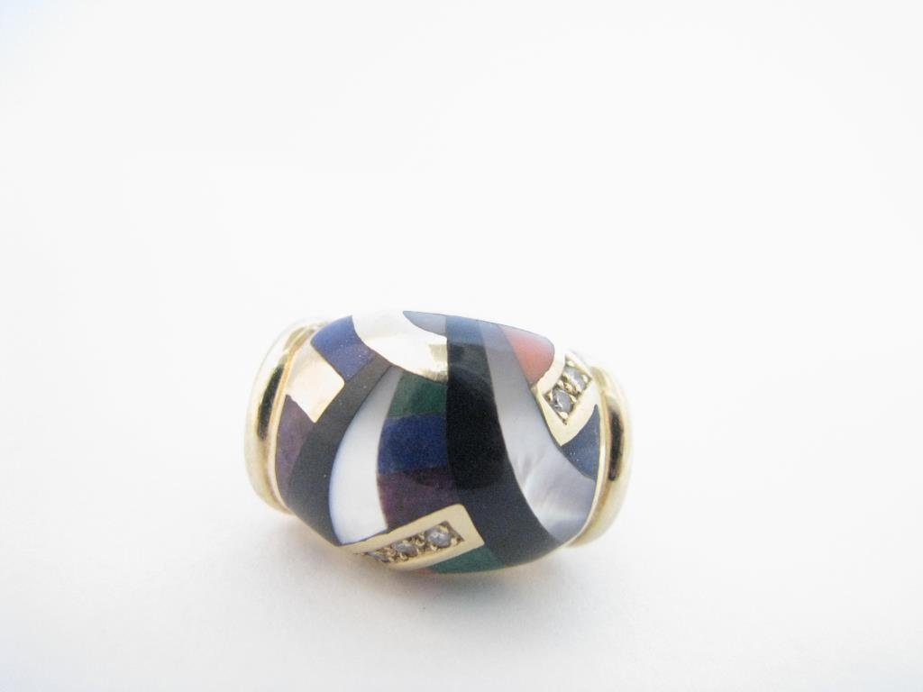 Asch Grossbardt Stone, Diamond Ring: Asch Grossbardt 18kt yellow gold diamond and gemstone ring, including six round brilliant cut diamonds, curved inlaid bands of malachite, mother of pearl, black onyx, lapis lazuli and purple jasper.
