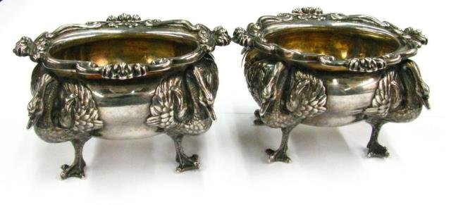 Pair of Gorham Sterling Silver Master Salts: Pair of Gorham sterling silver master salt cellars, footed, with bird engraving, dated 1903