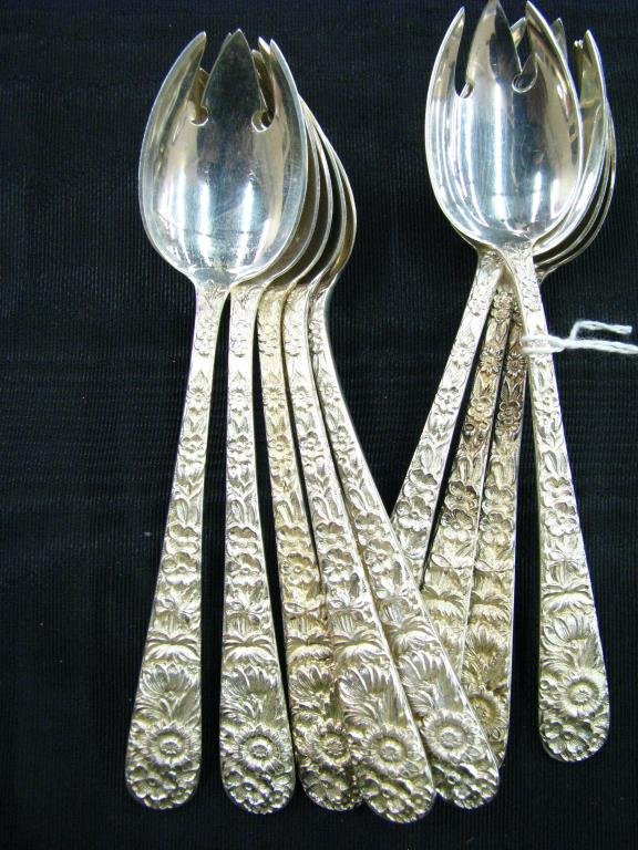 S. Kirk Repousse Sterling Silver Forks: S. Kirk Repousse sterling silver grouping, including ten ice cream forks