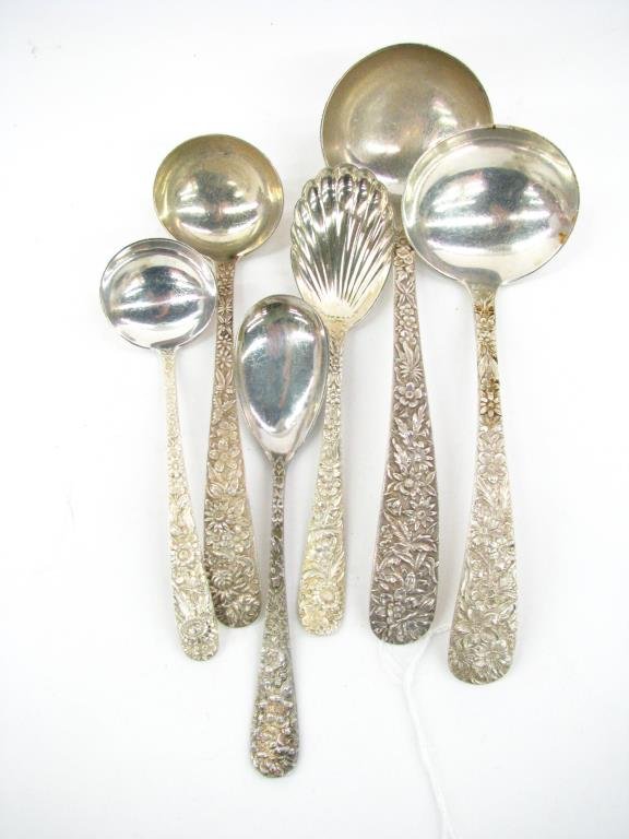 S. Kirk Repousse Sterling Silver Grouping: S. Kirk Repousse sterling silver grouping, six items including service pieces in four different sizes, ladles, sugar shell, spoon