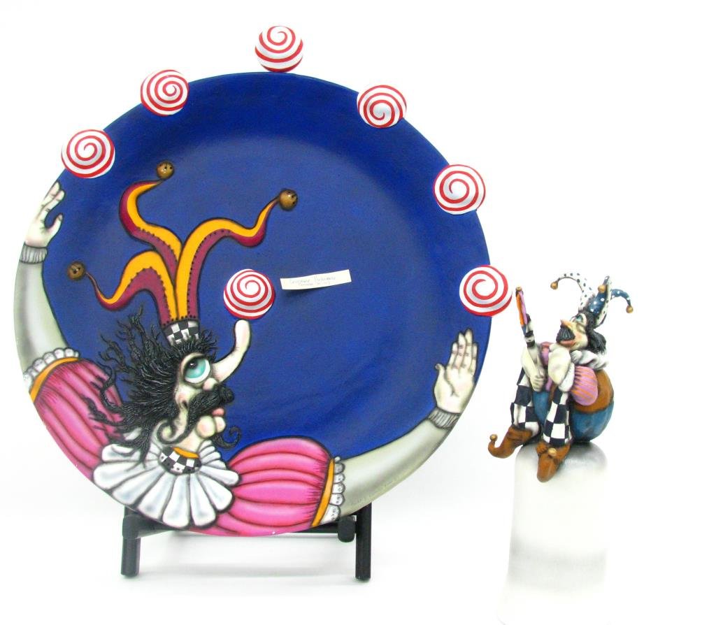 Todd Warner Camelot Charger and Bell: Todd Warner Camelot Series Charger and Bell includes "Command Performance" 20" charger, pencil signed and dated 2001; and Court Jester bell, signed and dated 2001, 13" high