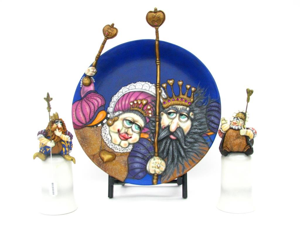 Todd Warner Camelot Series Charger, Two Bells: Todd Warner Camelot Series Charger and two dinner bells including "Inseparable" 19" charger; and "King Arthur" and "Queen Guinevere" dinner bells, each signed and dated 2001