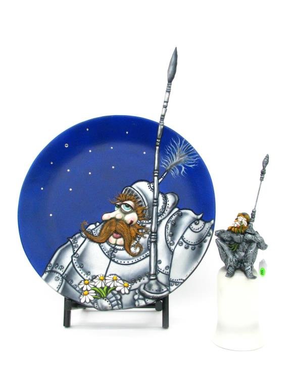 Todd Warner Camelot Series Charger and Bell: Todd Warner Camelot Series Charger and Bell including "Sir Loves-a-Lot" 19" charger (27" including spear tip); and "Sir Loves-a-Lot" dinner bell, 16" high; both pencil signed and dated 2001