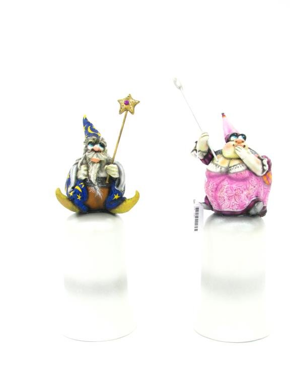 Todd Warner Camelot Series Bells: Two Todd Warner Camelot Series Dinner Bells includes "Fairy Godmother" and "Wizard", each approximately 13" high, both pencil signed and dated 2001
