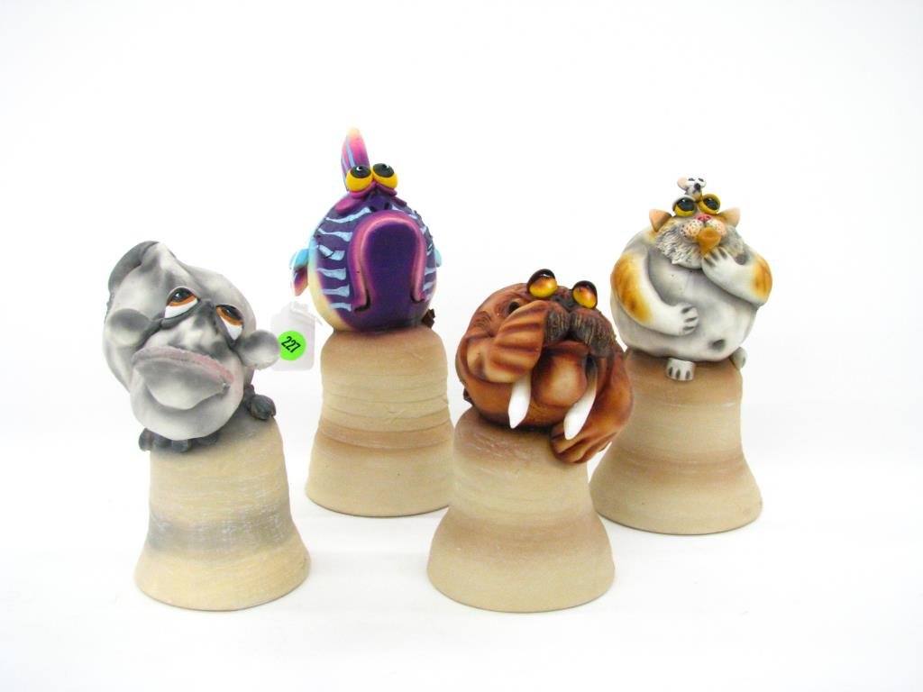 Todd Warner Dinner Bell Sculptures: Group of four Todd Warner Dinner Bell Sculptures including Hippo, Walrus, Blowfish and Cat and Mouse, 6.5" to 9" high, each pencil signed and dated between 1997 to 2000