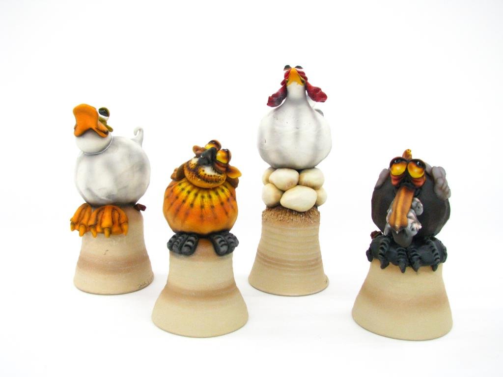 Todd Warner Dinner Bell Sculptures: Group of four Todd Warner Dinner Bell Sculptures including Chicken, Turkey, Duck and Quail, 7" to 9.5" high, each pencil signed and dated 1997 to 2000