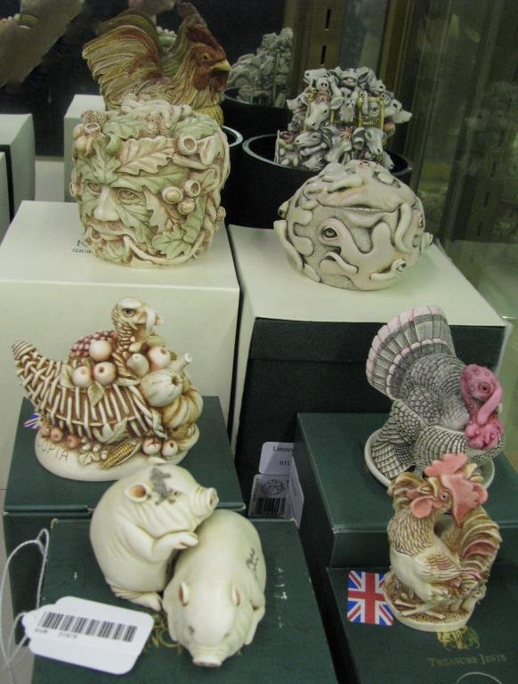 Group of Harmony Kingdom Figurines: A group of eight Harmony Kingdom figurines including "Mel's Melange", 121/2400; "Perryalism", 31/600; "Rise and Shine"; "Factory Fresh"; 917/3600; "Feasty Fest"; "Gobblefest"; "Barney & Betty"; "Lords