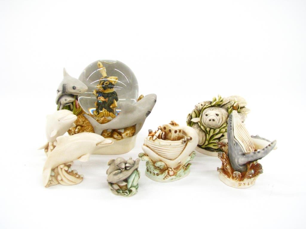 Group of 7 Harmony Kingdom Figures: Group of seven Harmony Kingdom figures, depicting sea creatures, all lidded, except two Pot Bellys dolphins