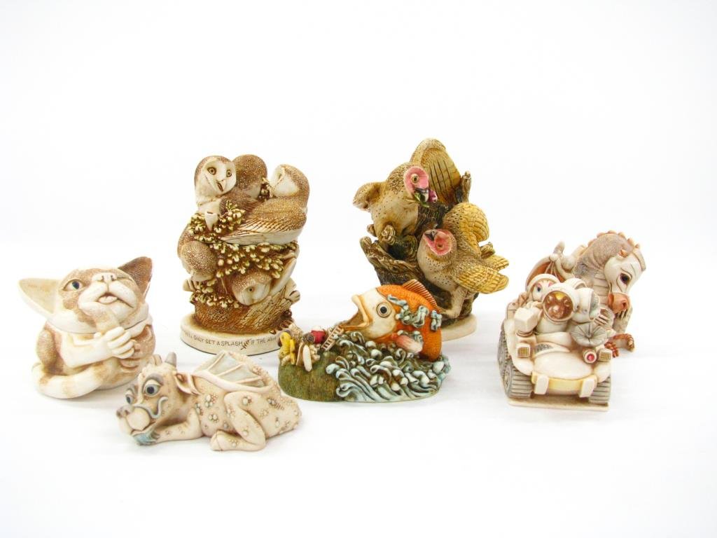 Group of 7 Harmony Kingdom Figures: Group of seven Harmony Kingdom Figures, all lidded, including two 4.5 bird groupings