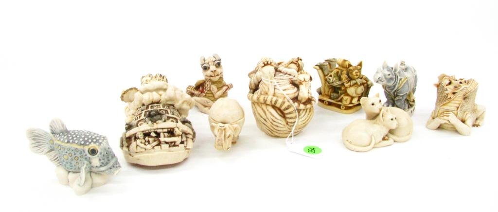 Group of 10 Harmony Kingdom Figures: Group of ten Harmony Kingdom figures, depicting various animals, all lidded except two cat figures