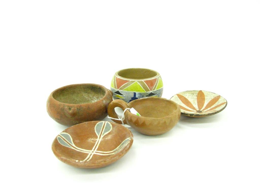 Five Southwestern Pottery Vessels: Five Southwestern pottery vessels, including two 4.5" trays with polychrome decoration, a tea cup, a Redware bowl, and a bowl with Aztec type paint decoration