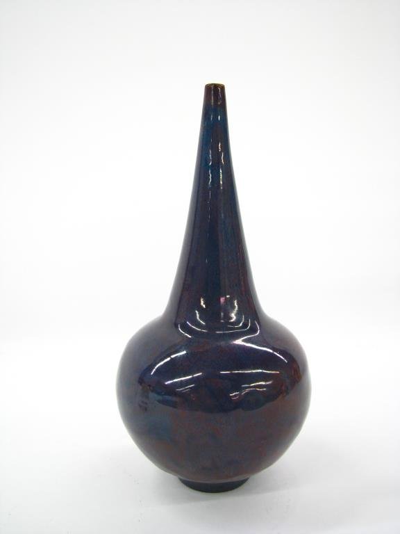 Karl Martz Studio Pottery Vessel: Karl Martz Studio pottery vessel, tapered bottle form, with a mottled purple glaze, signed on base, 7" high