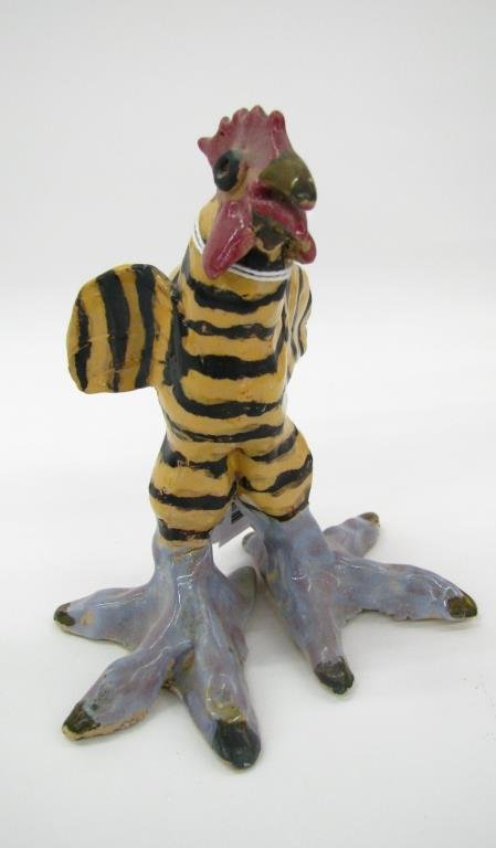 Overbeck Pottery Rooster: Overbeck Pottery rooster, with exaggerated talons, mark on underside of right talon, 5" high