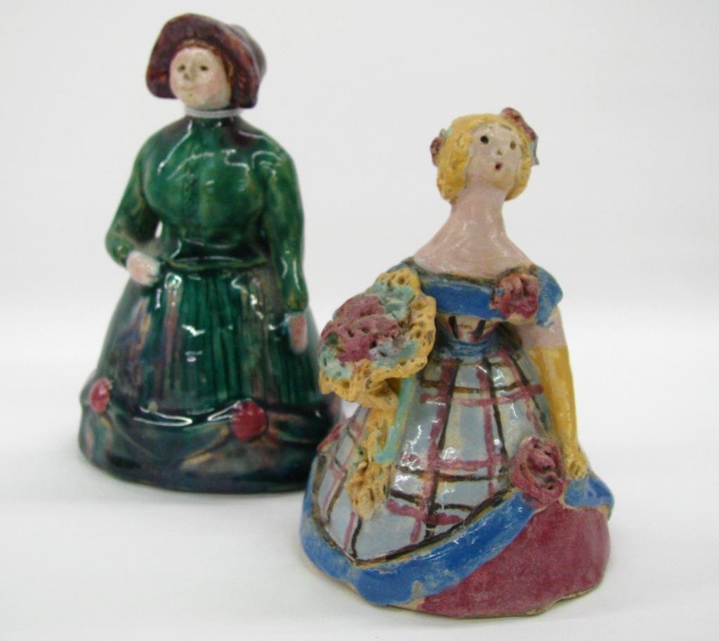 Two Overbeck Pottery Figures: Two Overbeck Pottery figures, including 4" woman with bouquet, marked inside, and 4.5" woman wearing hat, unclearly signed and dated '41