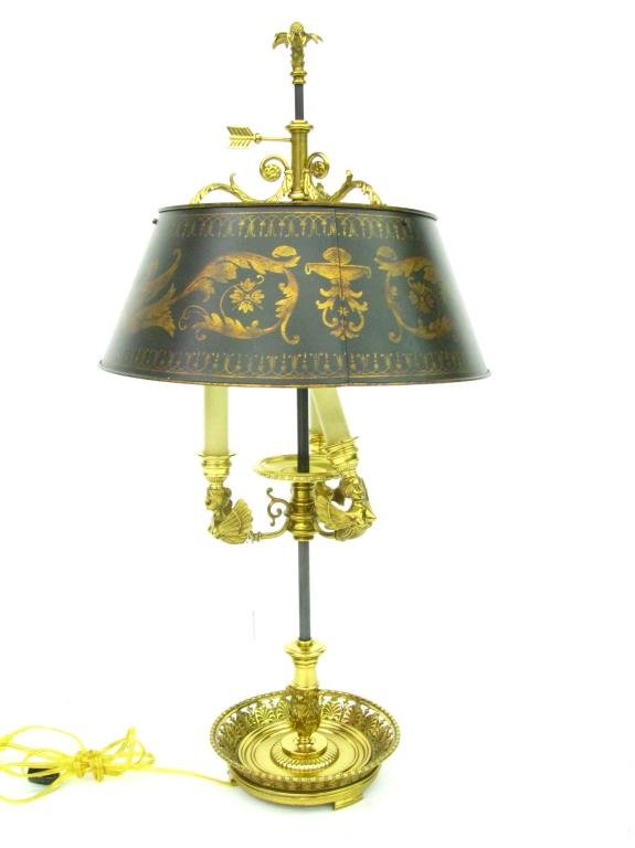 Brass Lamp with Painted Shade: A brass table lamp with Tole painted shade