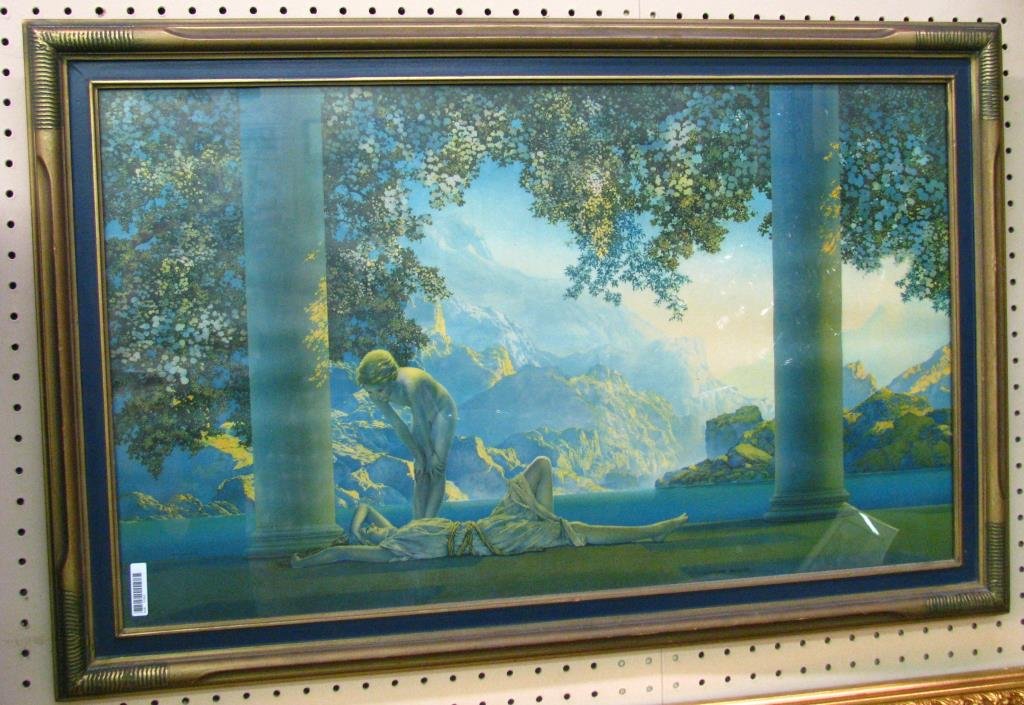 Maxfield Parrish Framed Lithograph: Maxfield Parrish framed lithograph, entitled "Daybreak", 1923, size as framed 30 x 18