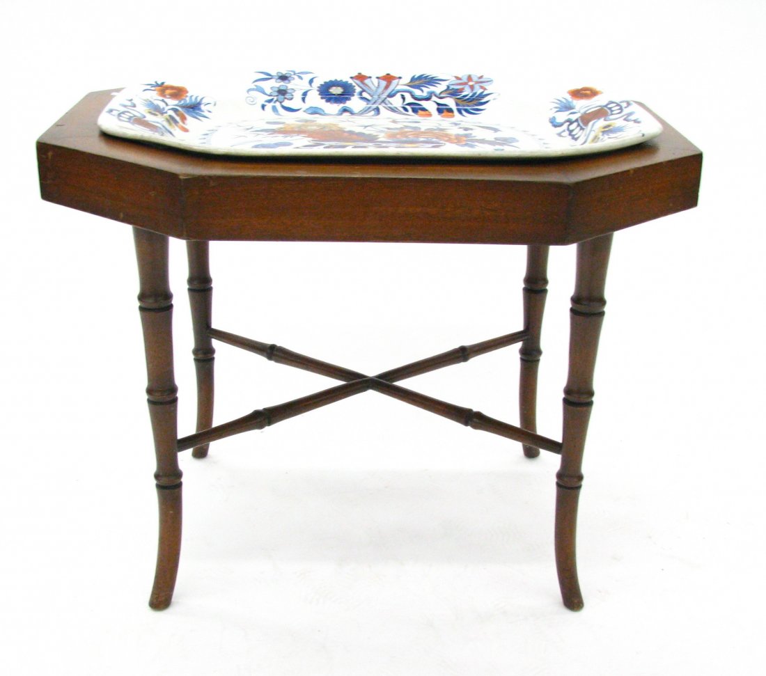 Period Style Tray Table: Period style tray table, with canton iron stone, 15.5 x 20.5 platter, fitted into an 18" high walnut table with eight-sided top