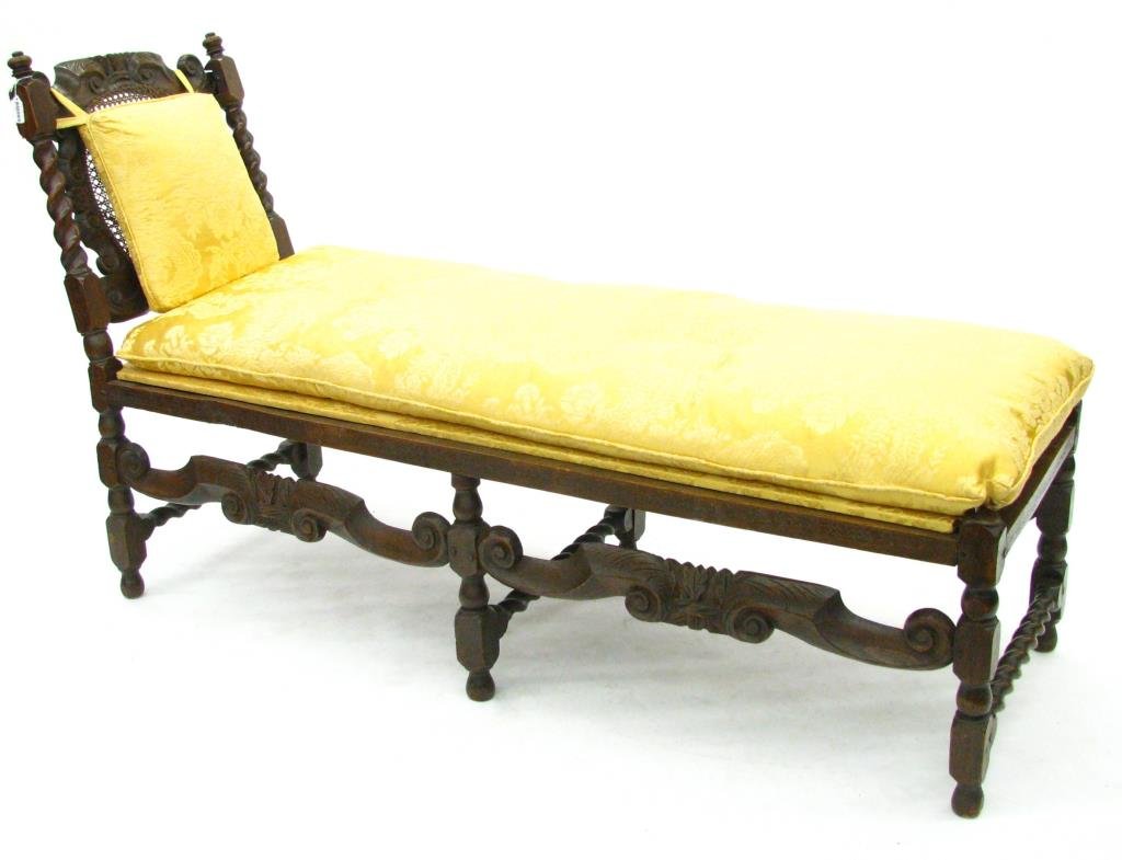 Late 17th Century English Day Bed: Late 17th Century English, Jacobean style walnut day bed, carved frame, adjustable back rest, with gold fabric cushion